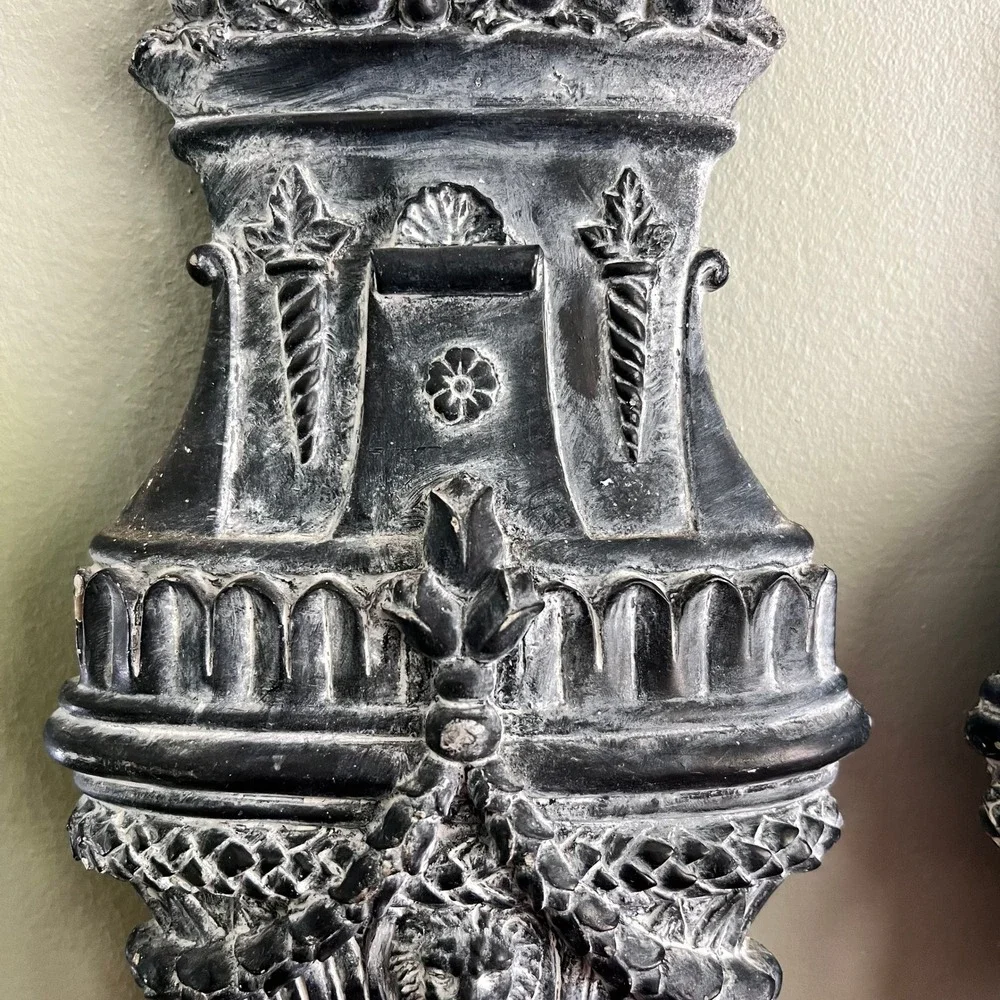 Pair Neoclassical Urn Wall Decor 3D Relief Lion Head Laurel Garland Distressed